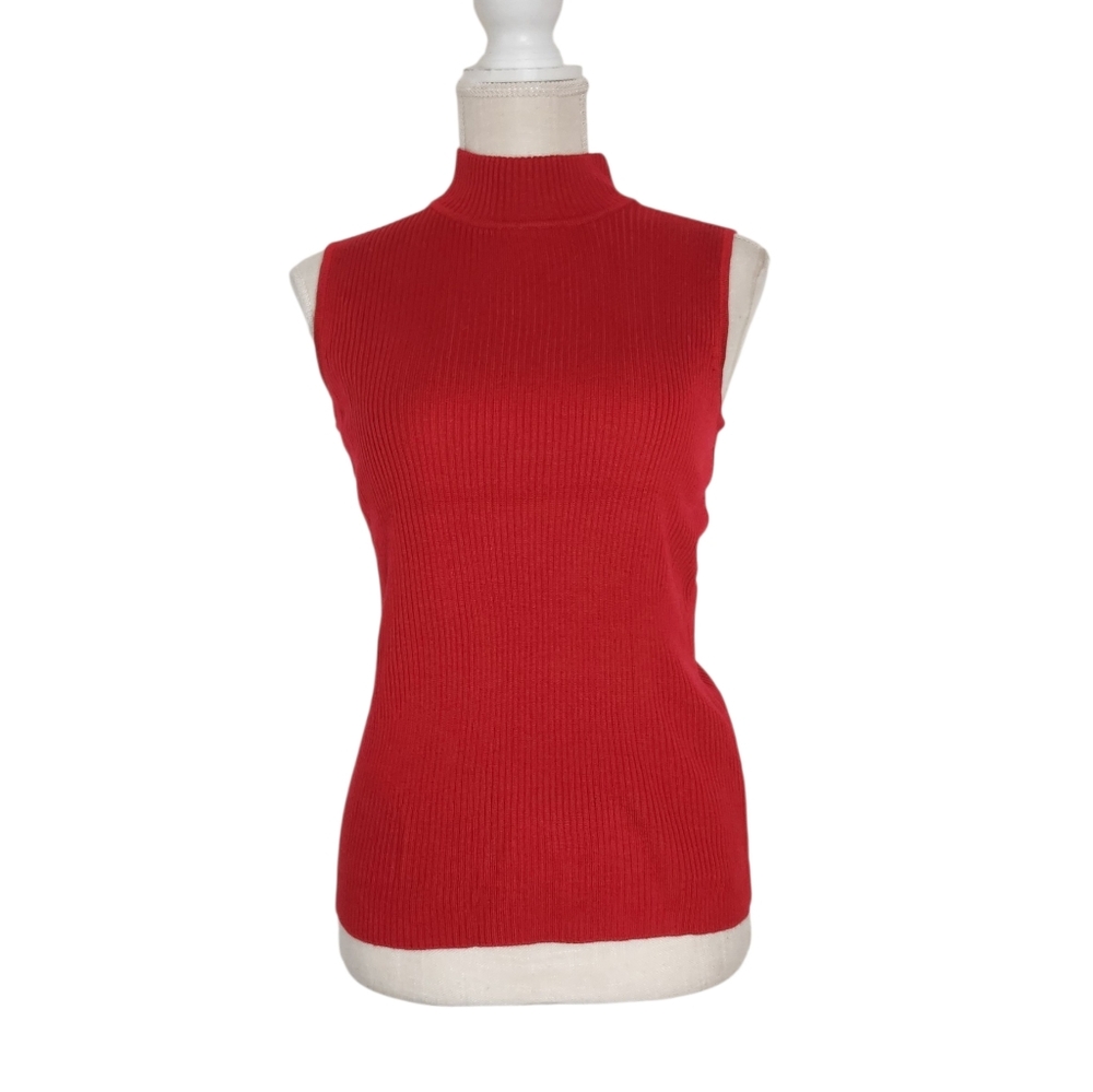 212 Collection Red Ribbed Sleeveless Mock Neck Top